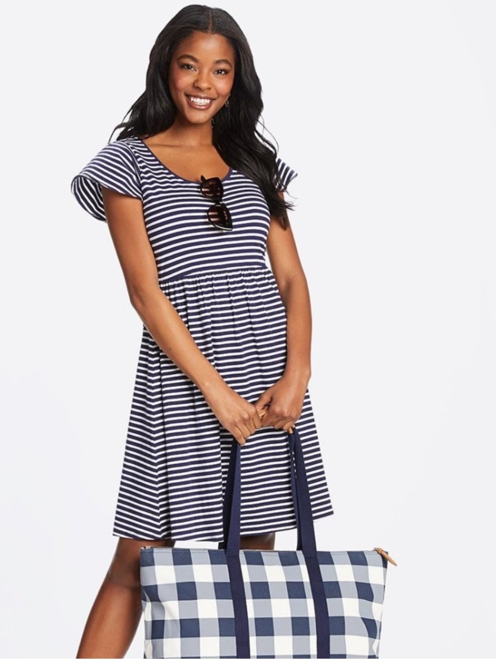 Draper James Navy and White Striped Scoop-Neck Midi Dress - Picture 2 of 11